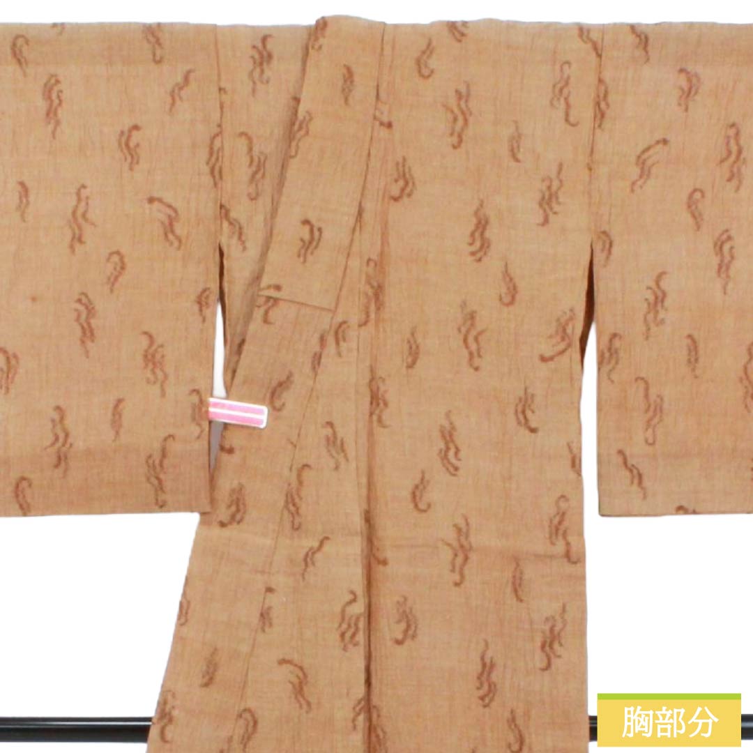 夏物 麻 紬 Sランク 身丈153.5cm 裄丈62cm 薄茶色（うすちゃいろ） 小千谷縮 抽象模様 紗 茶系 1132003792214