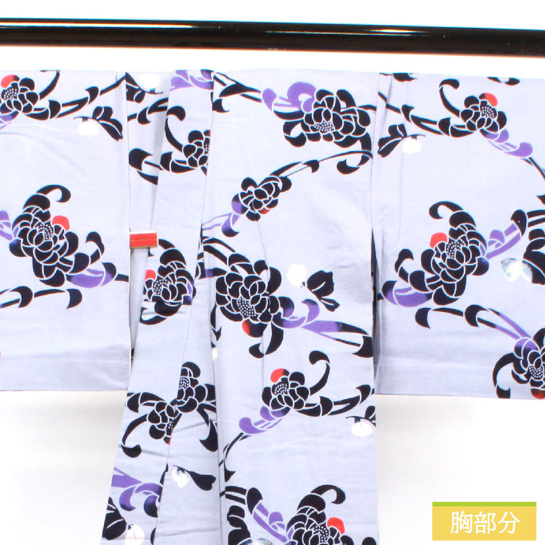 Yukata Cotton Length 164cm Sleeve length 65.5cm A rank Single layer Grayish White violet Chrysanthemum 1118004873422