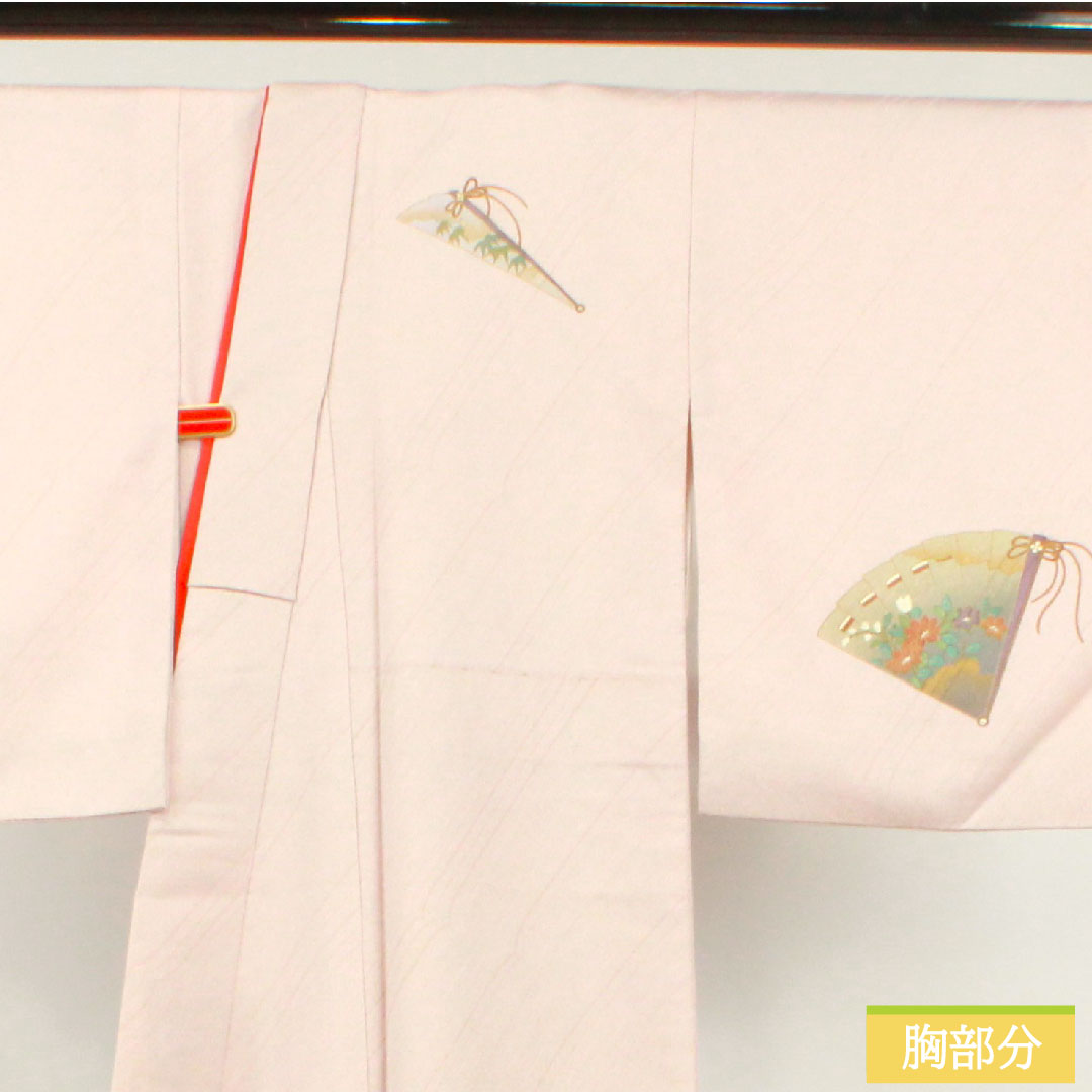 Homongi (formal kimono) made of polyester, lined, length 159cm, sleeve length 63cm, cherry blossom color, washable kimono, fan, half-collar included, S rank, pink, 1112004382313