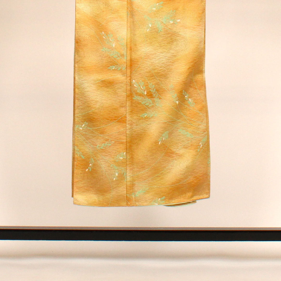 小紋 身丈147.5cm 裄丈61.5cm 袷  洗える着物 流水に葉 ポリ Aランク 黄系 1115000213123