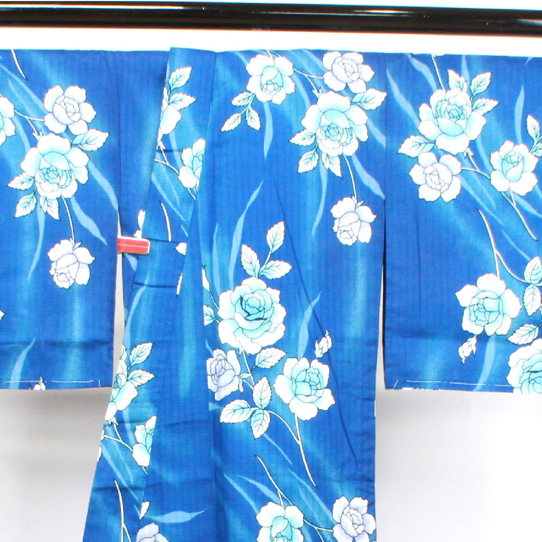 Yukata with basting thread, unused, lapis lazuli, rose, cotton, S rank, single layer, length 164.5cm, sleeve length 65.5cm, blue, 1118002932417