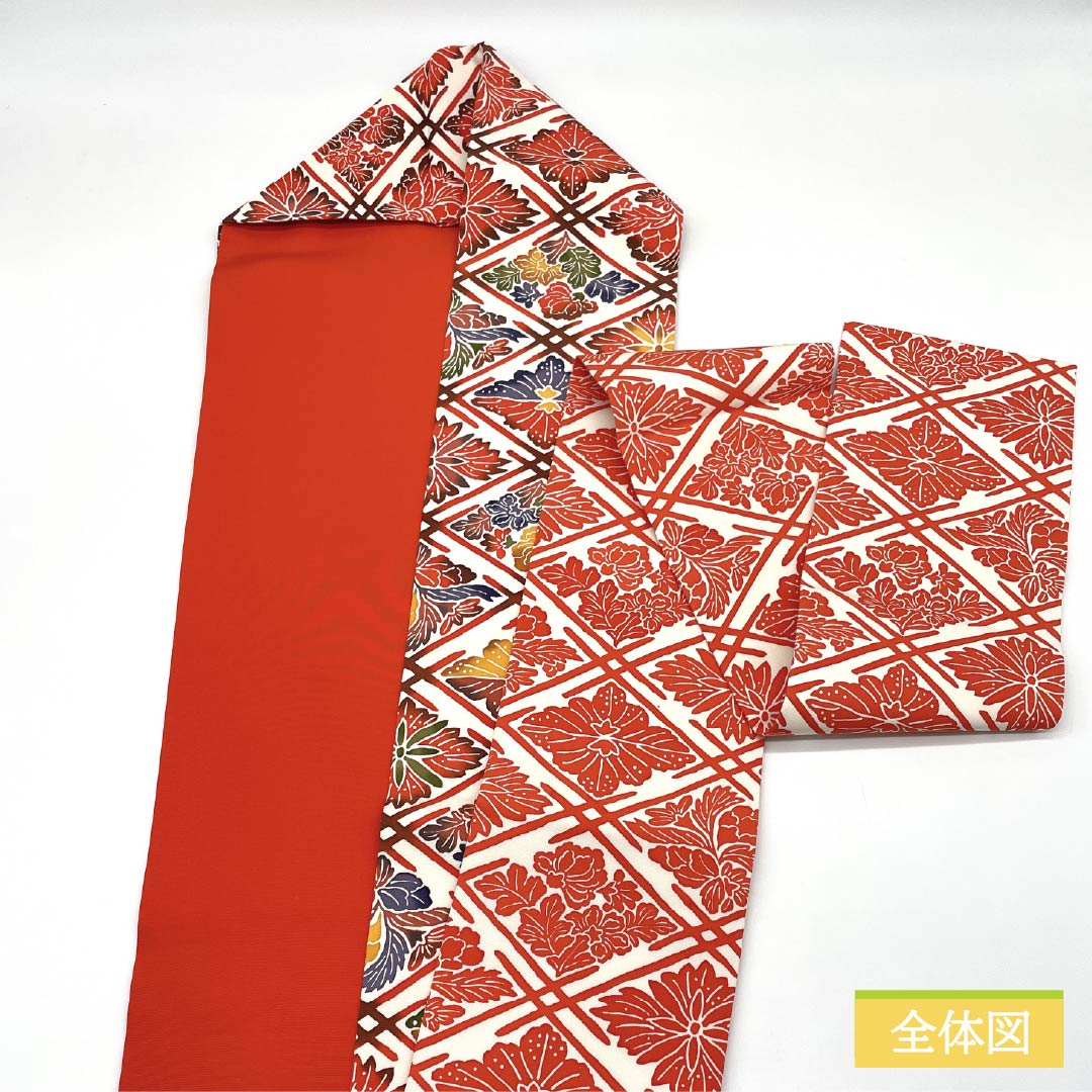リサイクル着物】名古屋帯 型染 紅型調模様 繋ぎ菱 帯丈359cm 正絹 A