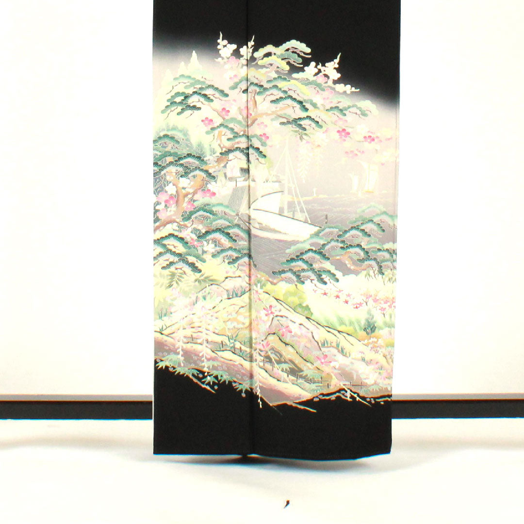 黒留袖 身丈161.5cm 裄丈66cm 袷 作家物 風景模様 下がり藤 正絹 Aランク 五つ紋 黒系 1111000353410