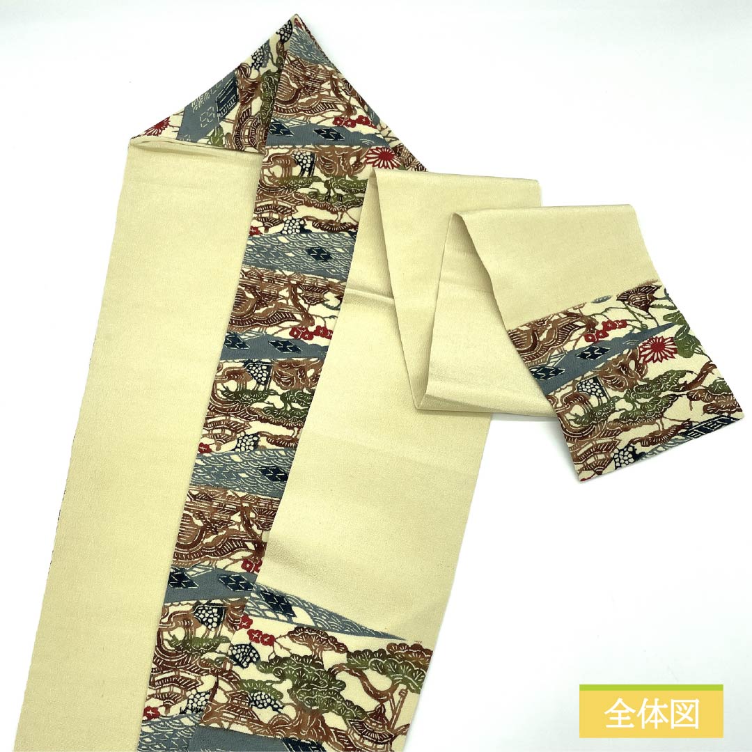 Nagoya obi, pure silk, gyoshikou-iro (fish roe yellow), Kyoto Bingata, Bingata-style pattern, landscape pattern, obi length 341cm, A rank, six-pass, semi-formal, beige, 1124007213325, Nagoya style
