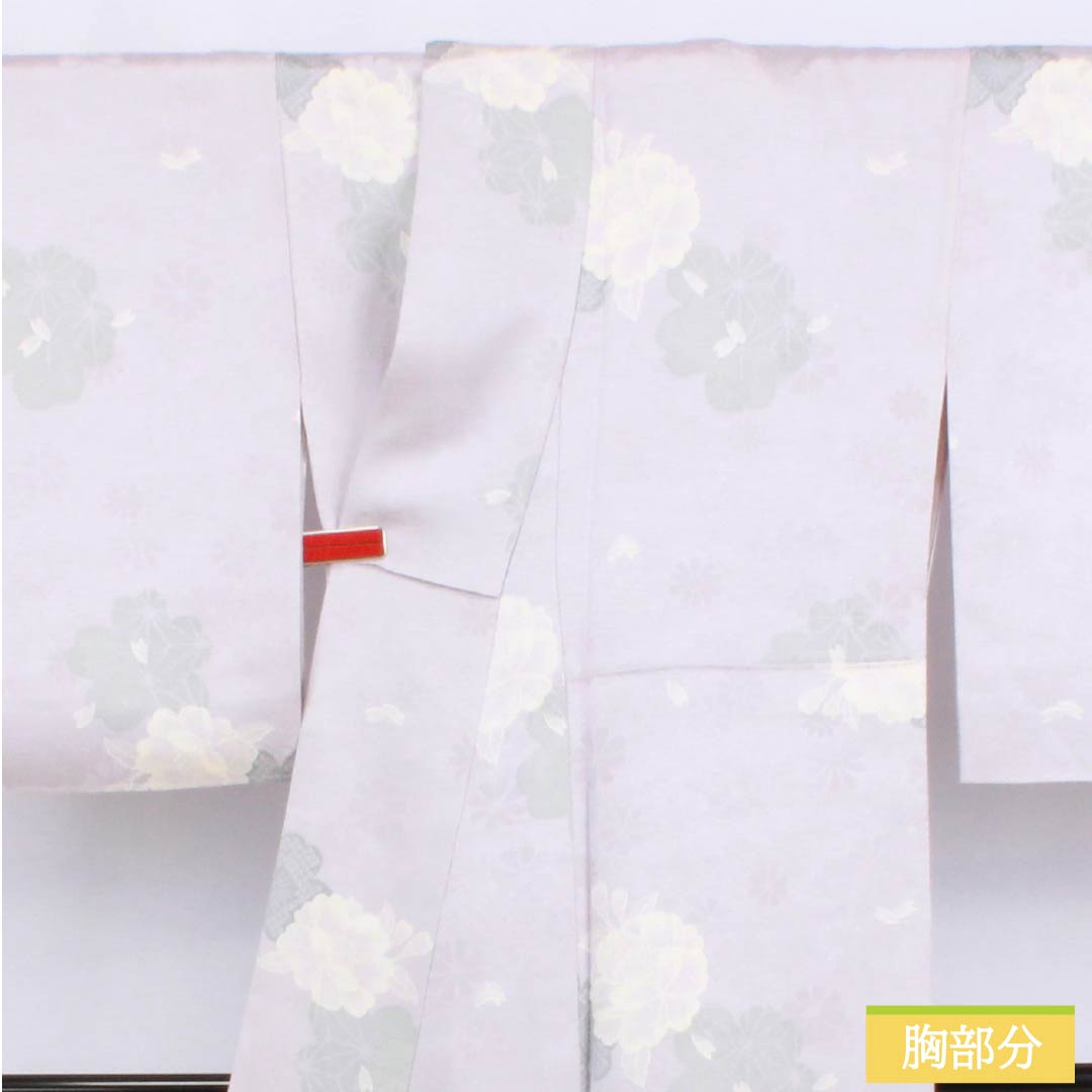 Komon (small pattern) kimono, pure silk, length 156cm, sleeve length 66cm, lined, hazy color (kasumi-iro), stencil-dyed, cherry blossom and camellia motifs, Kirara Guard, S rank, purple, 1115006192320