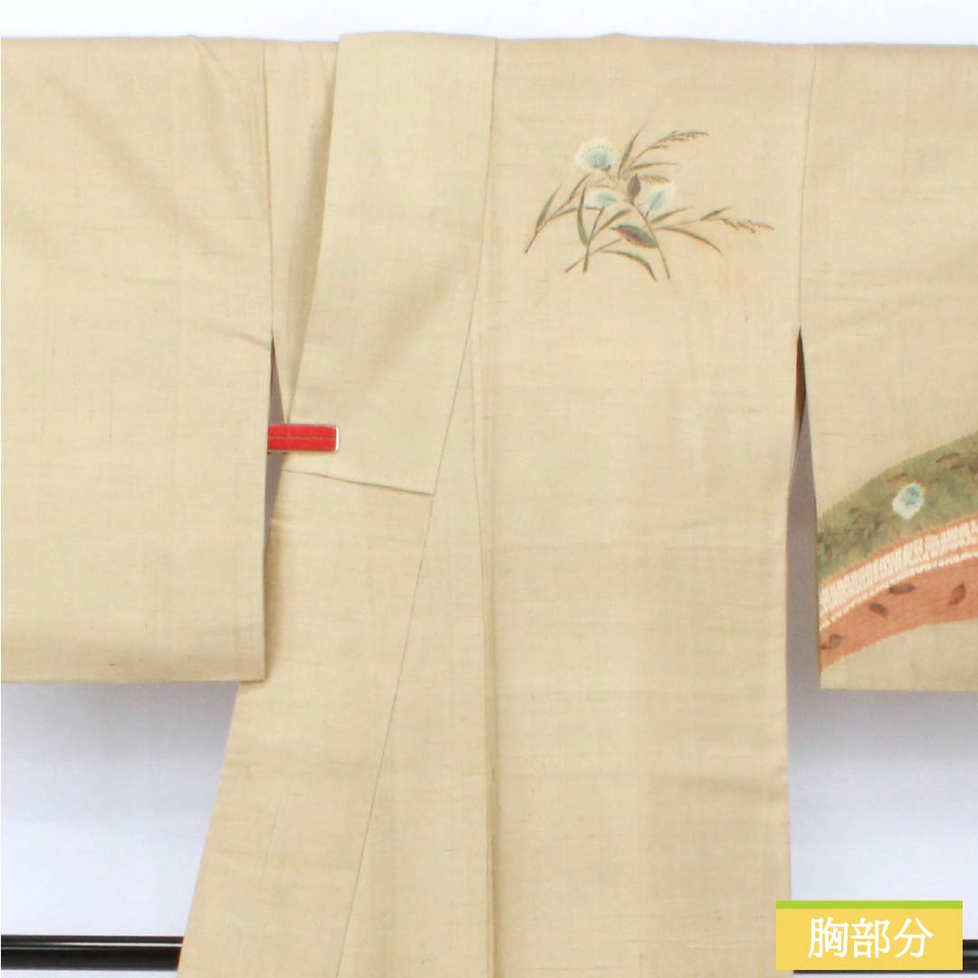訪問着 正絹 Bランク 袷 身丈160cm 裄丈68cm 亜麻色（あまいろ） 生紬 桶絞り 乾山絞り 伝統工芸作家 吉澤与市 ベージュ系 1112007414425