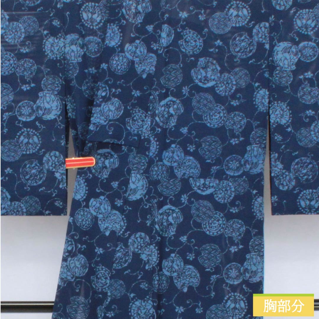 夏物 正絹 小紋 身丈163.5cm 裄丈63cm 紺色（こんいろ） 古典柄 型染 絽 Aランク 紺系 1132002713418