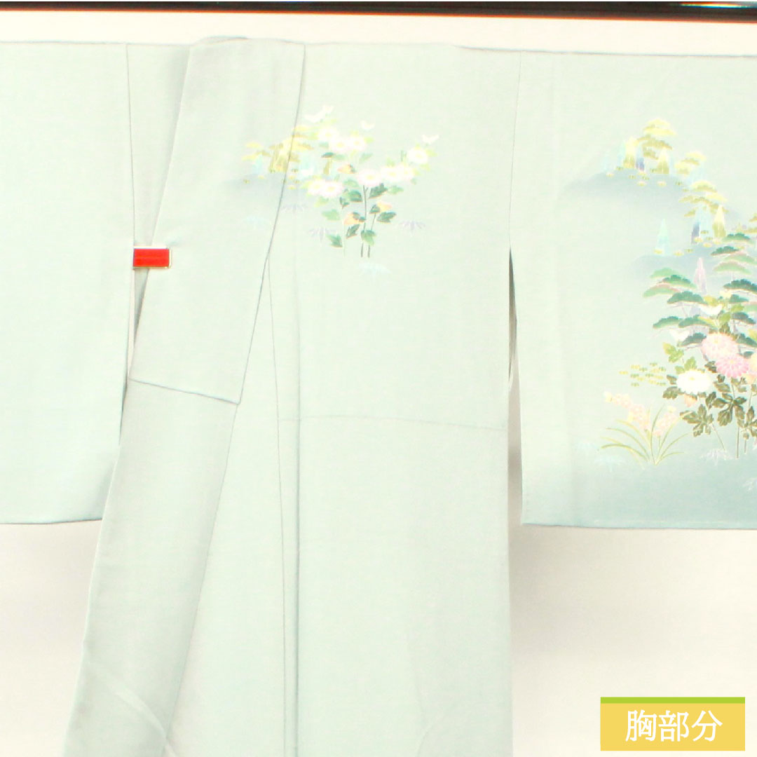 訪問着 正絹 袷 身丈151.5cm 裄丈63cm 青白磁色 京加賀友禅 峰山和生 吉祥文様 Sランク 水色系 1112003812224