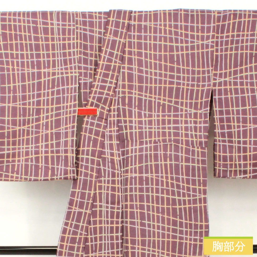 小紋 ポリエステル 身丈159cm 裄丈66cm 単衣 古代紫色（こだいむらさきいろ） 洗える着物 格子 Aランク 紫系 1115004863320