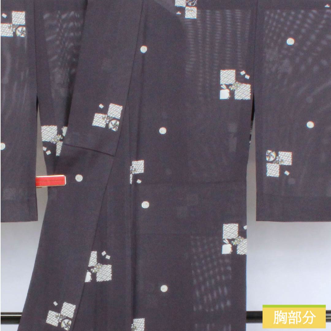 夏物 正絹 小紋 身丈158cm 裄丈67cm 褐色（かちいろ） 型染 飛び市松 古典柄 絽 Sランク 紫系 1132002802320