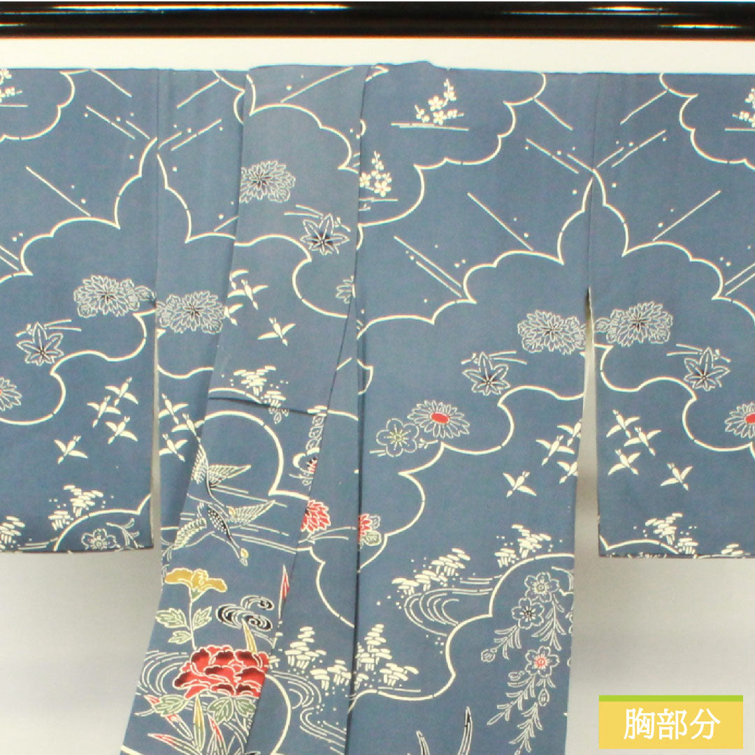Homongi (formal kimono) made of pure silk, lined, length 157.5cm, sleeve length 64cm, Minato gray, Kyoto Bingata, aboshi pattern, floral pattern, A rank, blue, 1112004883317