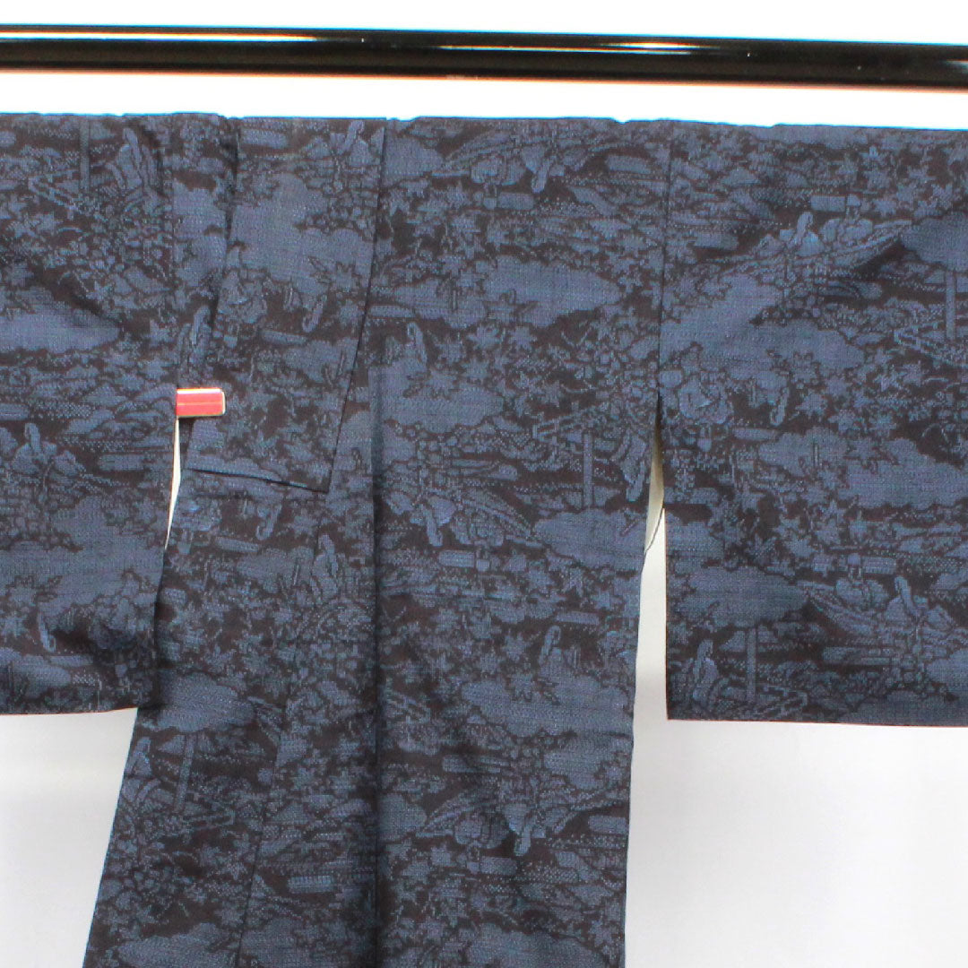結城紬 身丈164.5cm 裄丈64.5cm 重要無形文化財 本場結城 100亀甲 正絹 Aランク 袷 紺系 1116002853418