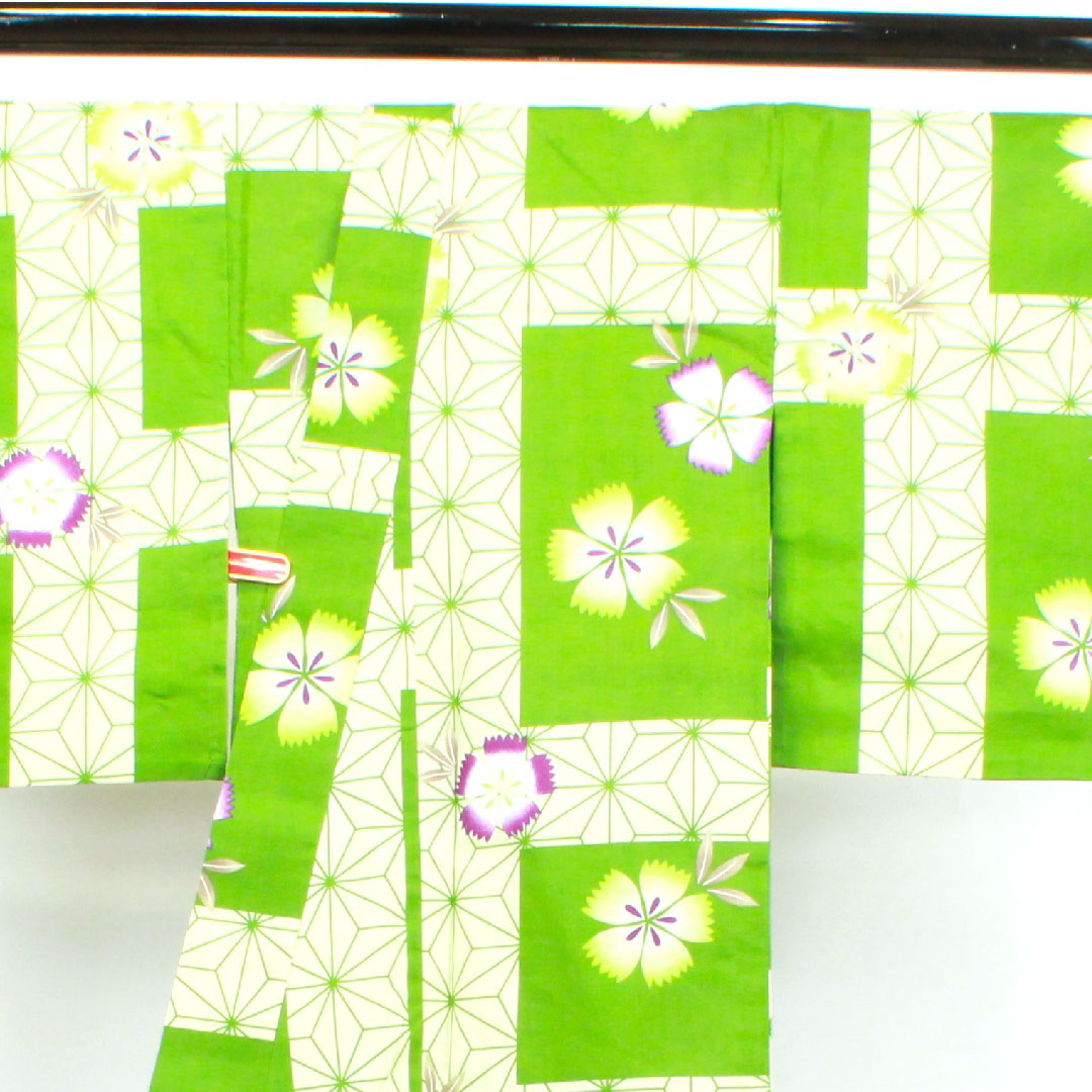 浴衣 常盤色 撫子 麻の葉 木綿 Sランク 単衣 身丈165.5cm 裄丈66cm 緑系 1118002722519