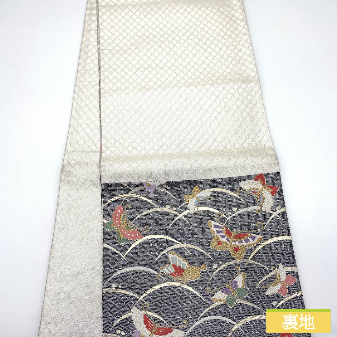 袋帯 正絹 Sランク 蝶 振袖用 桜 花模様 帯丈436cm 六通 フォーマル 銀系 1123015552322