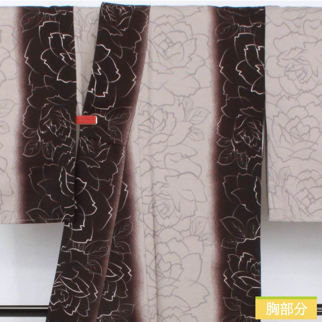 小紋 ポリエステル 身丈167.5cm 裄丈67.5cm 袷 褐色（かちいろ） 小町鼠色（こまちねずいろ） 洗える着物 薔薇 しつけ糸付き Sランク グラデーション系 1115005202599