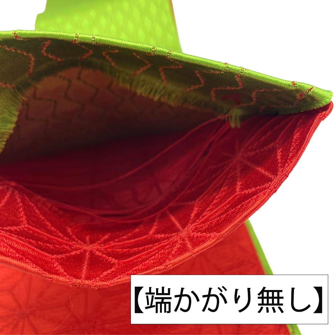 【未仕立】半幅帯 ポリエステル Sランク 黄緑色（きみどりいろ） 赤色（あかいろ） 古典柄 立涌 麻の葉 帯丈360cm 緑系 1125003372319