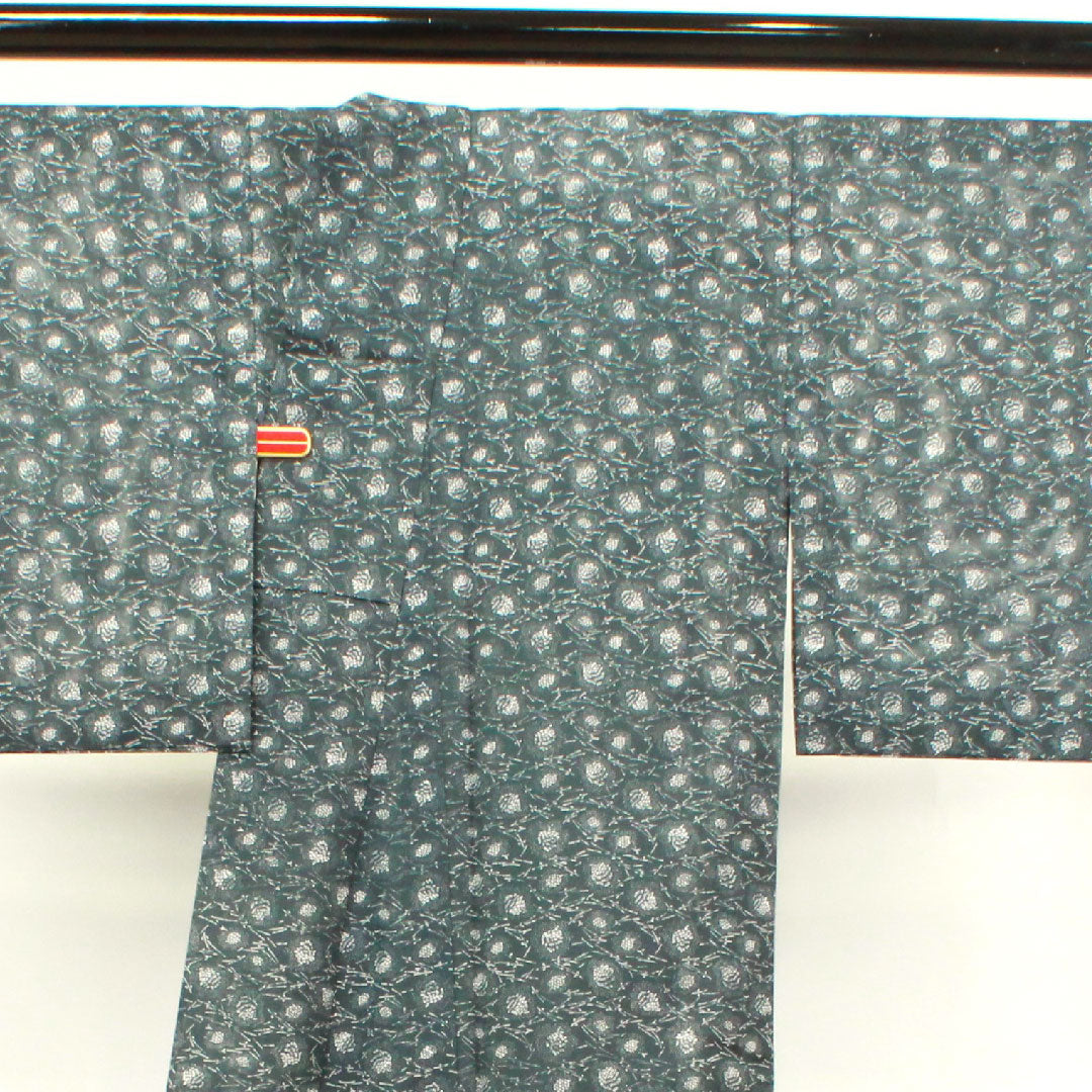 夏物 ポリエステル 小紋 身丈162.5cm 裄丈62.5cm 鉄鼠色（てつねずいろ） 抽象模様 洗える着物 絽 Sランク 黒系 1132000542410