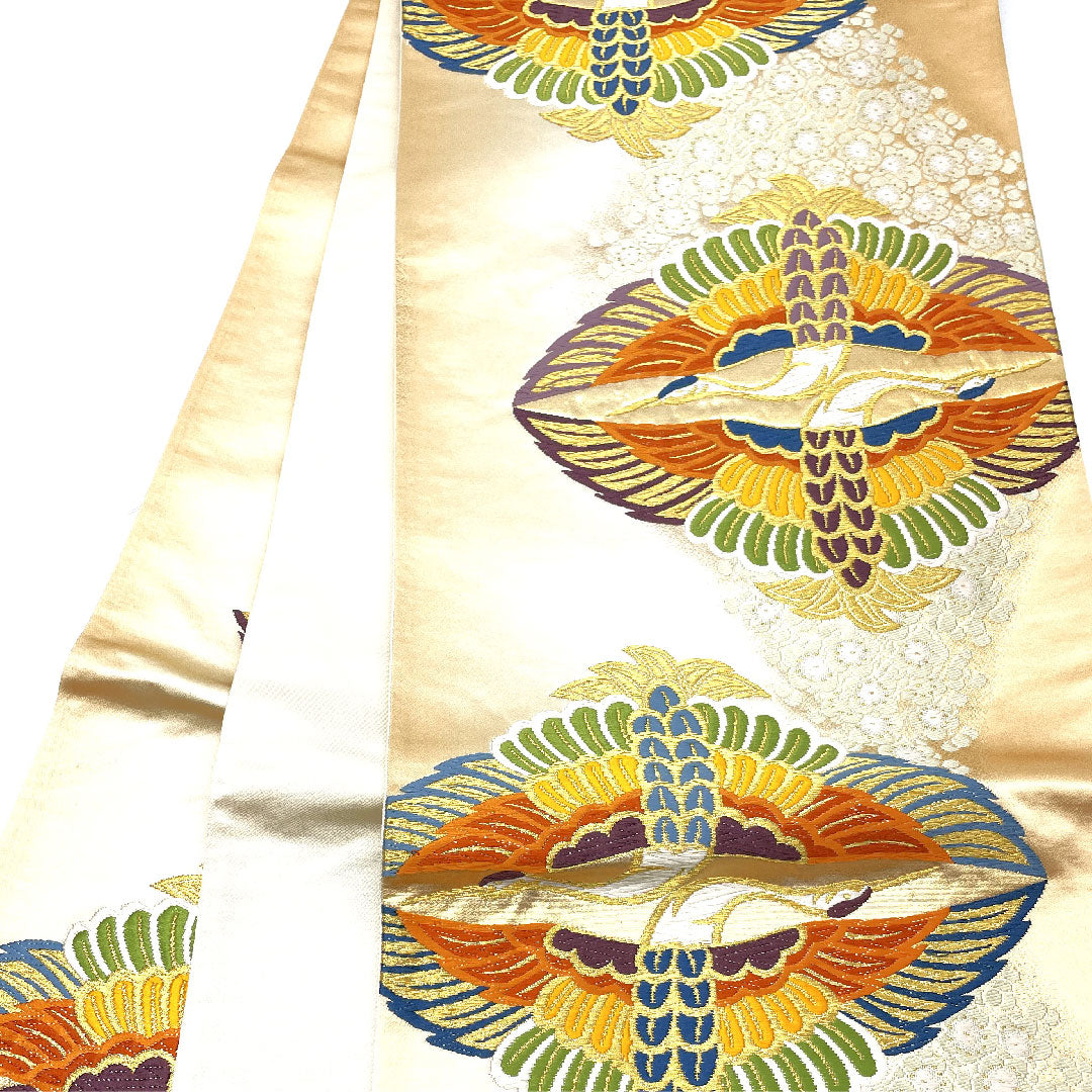 （未仕立）袋帯 向かい鶴 帯丈416cm 正絹 Aランク 六通 フォーマル 金系 1123003693321