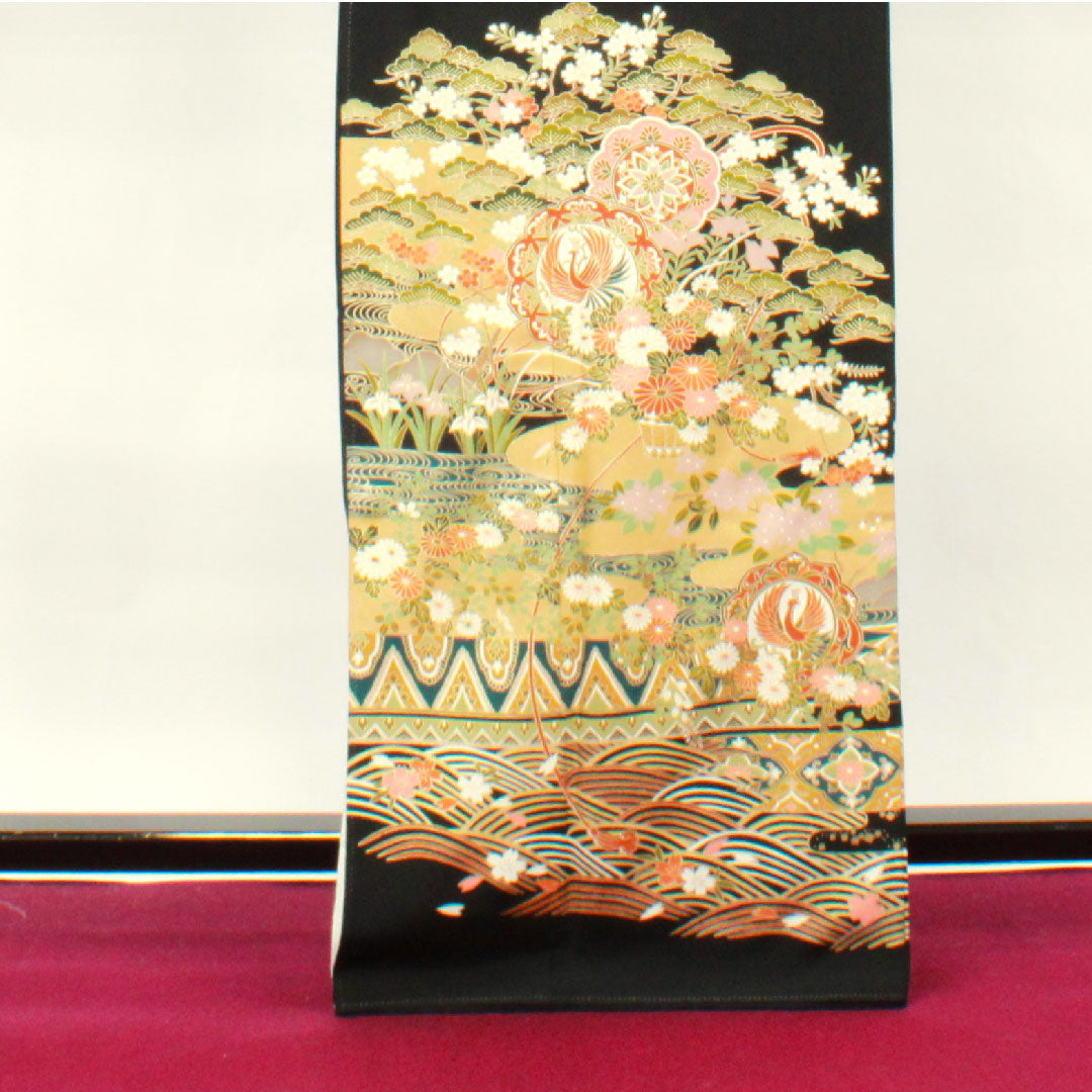 黒留袖 身丈163.5cm 裄丈62.5cm 袷 京友禅 吉祥文様 丸に抱き沢瀉 正絹 Aランク 五つ紋 黒系 1111000633410