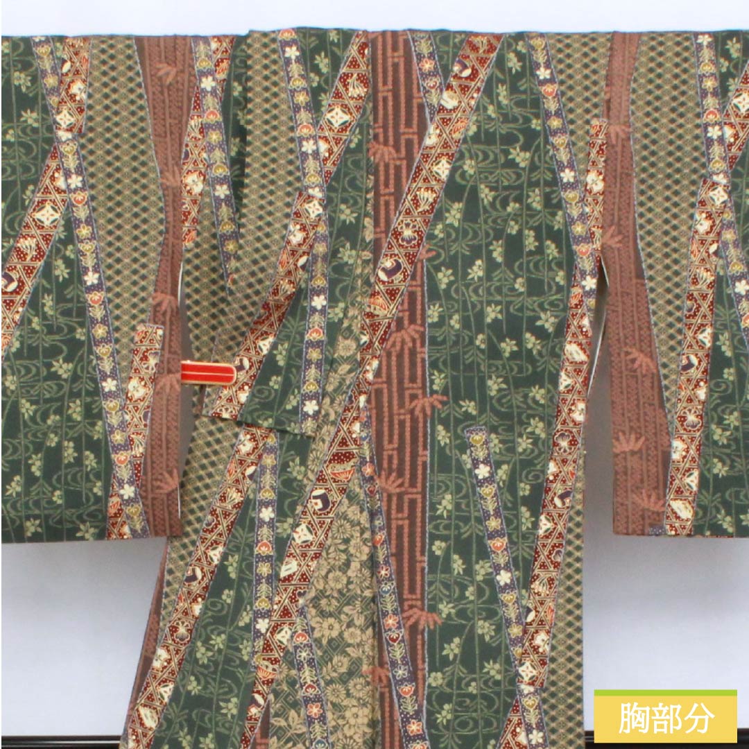 Komon (small pattern) kimono, pure silk, length 162.5cm, sleeve length 66cm, lined, Satsuma Nandou color (Satsuma Nandou color), stencil dyeing, auspicious motif, S rank, green, product number 1115006142419