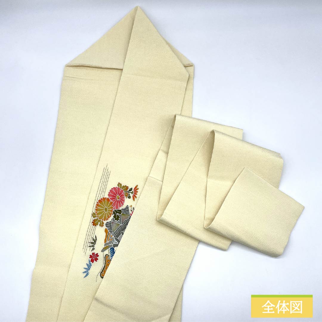 名古屋帯 正絹 乳白色色（にゅうはくしょくいろ） ちりめん地 染め帯 松 帯丈356cm Aランク ポイント柄 セミフォーマル クリーム系 1124007293315 名古屋仕立て