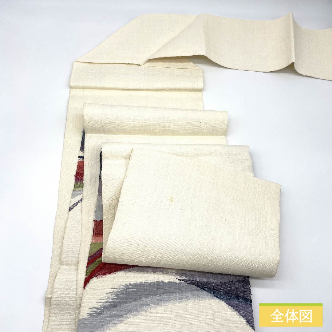 名古屋帯 正絹 Aランク 生成り色（きなりいろ） すくい織 紬地 抽象模様 帯丈367cm ポイント柄 カジュアル 白系 1124009593311 松葉仕立て