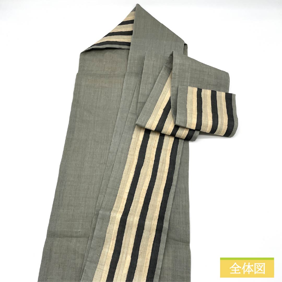 名古屋帯 麻 Sランク 沈香茶色（とのちゃいろ） 染め帯 縞模様 帯丈368cm 全通 カジュアル グレー系 1124009442322 名古屋仕立て