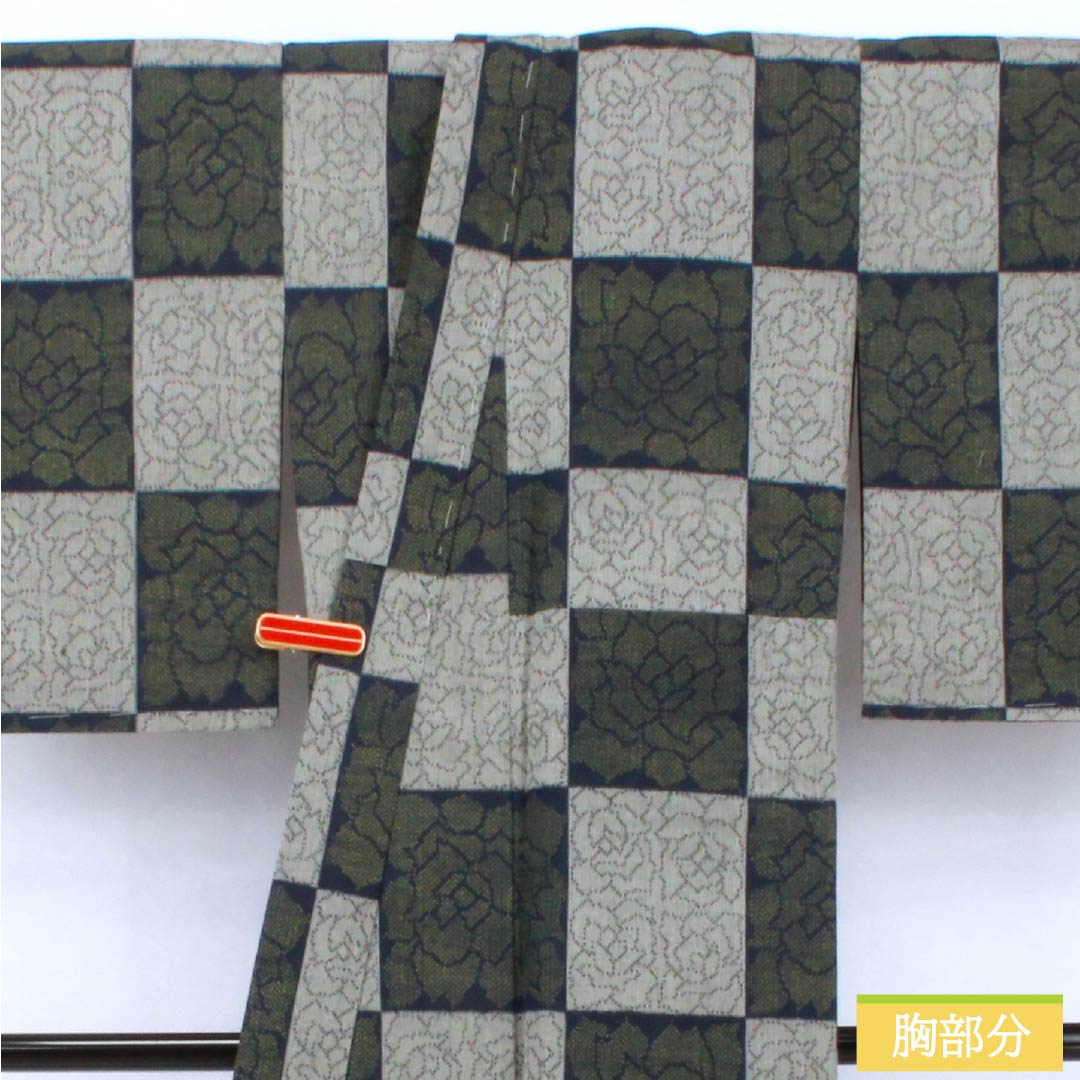 Pure silk tsumugi (pongee) kimono, S rank, length 159cm, sleeve length 63cm, gray and navy blue, checkered and abstract patterns, single layer, gray tones, product number 1116004682322