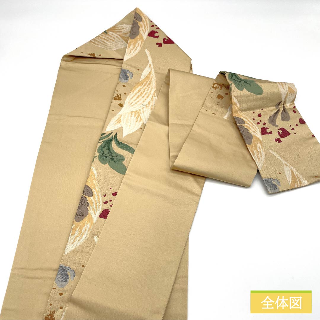 名古屋帯 東京白茶色（とうきょうしらちゃいろ） 白綾苑大庭 抽象花 帯丈364cm 正絹 Sランク 全通 カジュアル ベージュ系 1124007662325 名古屋仕立て