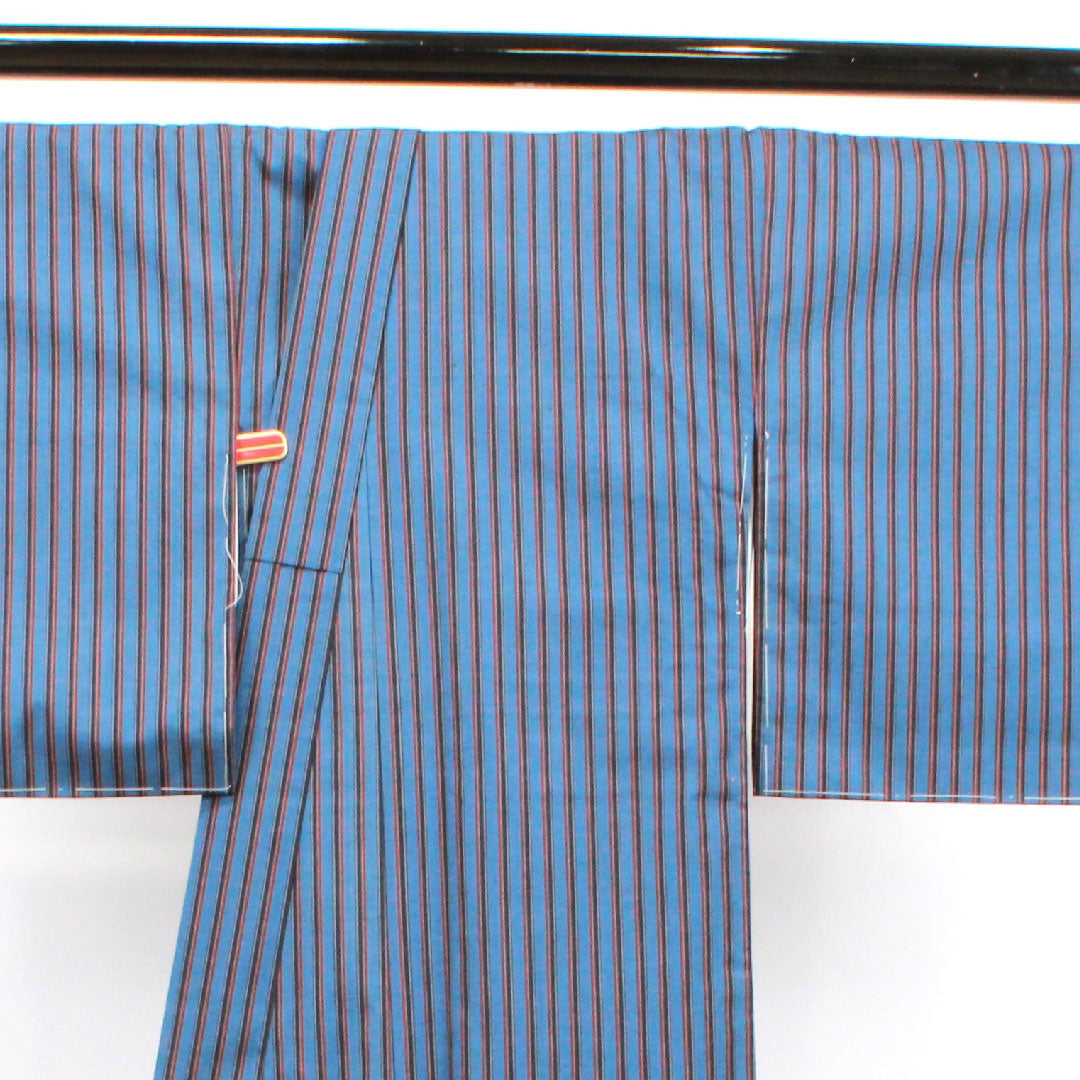 紬 身丈171cm 裄丈66.5cm 紺藤色 洗える着物 縞 しつけ糸付き 未使用品 ポリエステル Sランク 袷 青系 1116002742617