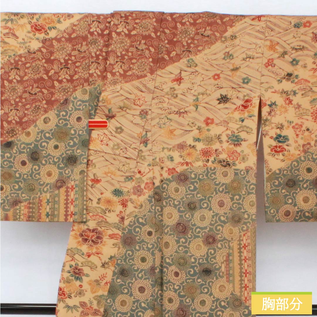 Hōmongi Kimono, Pure Silk, Rank S, Lined, Length 157cm, Sleeve-to-Sleeve 62.5cm, Pale Autumn Leaf Color, Artist-Designed, Kyō-bingata Dyeing, Auspicious Patterns, Pine, Bamboo, Plum, Chrysanthemum, Orange Family, 1112007382326