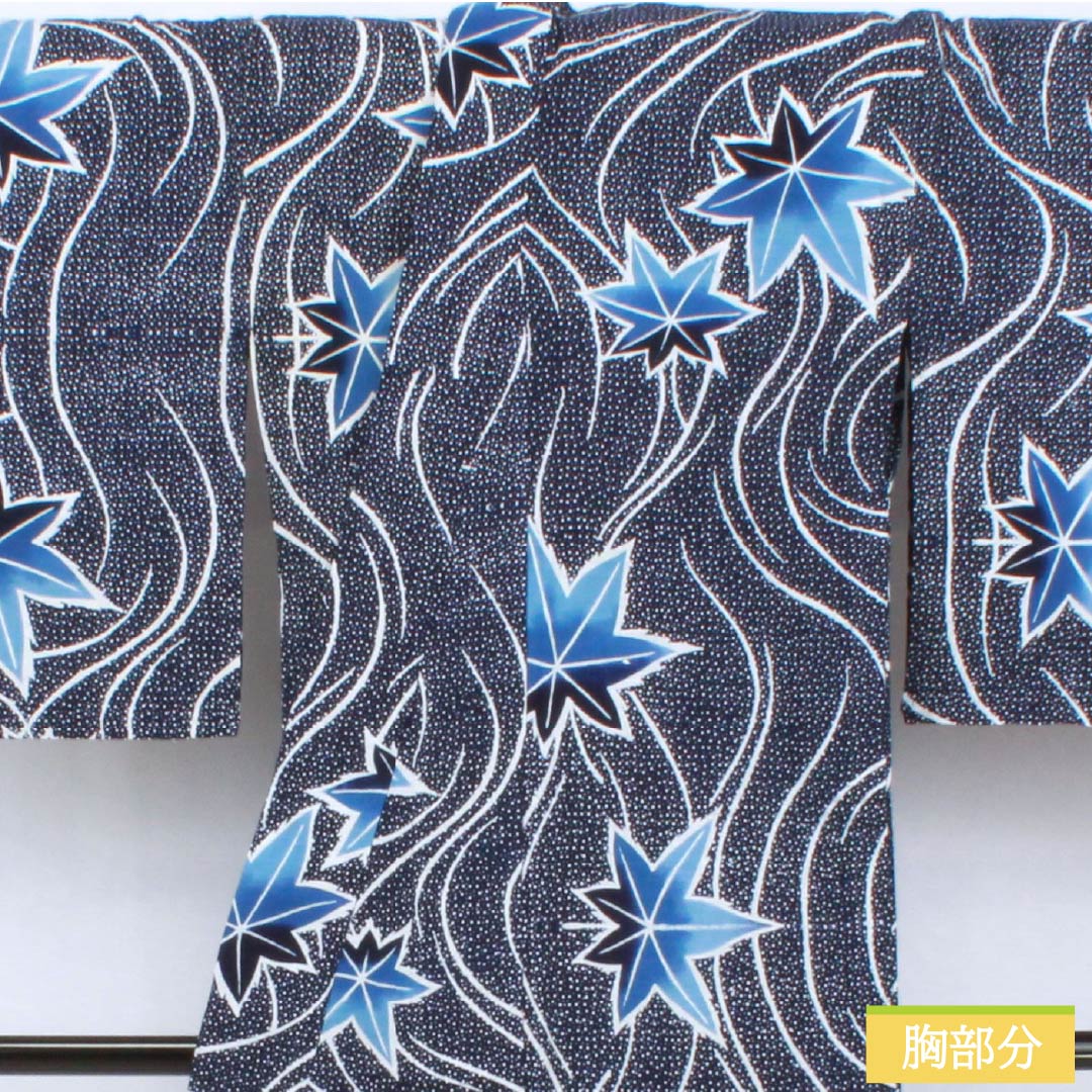 Cotton Yukata, Length 144.5cm, Sleeve Length 68.5cm, S Rank, Single Layer, Navy Blue, Flowing Water and Autumn Leaves Design, Item Number: 1118006312118