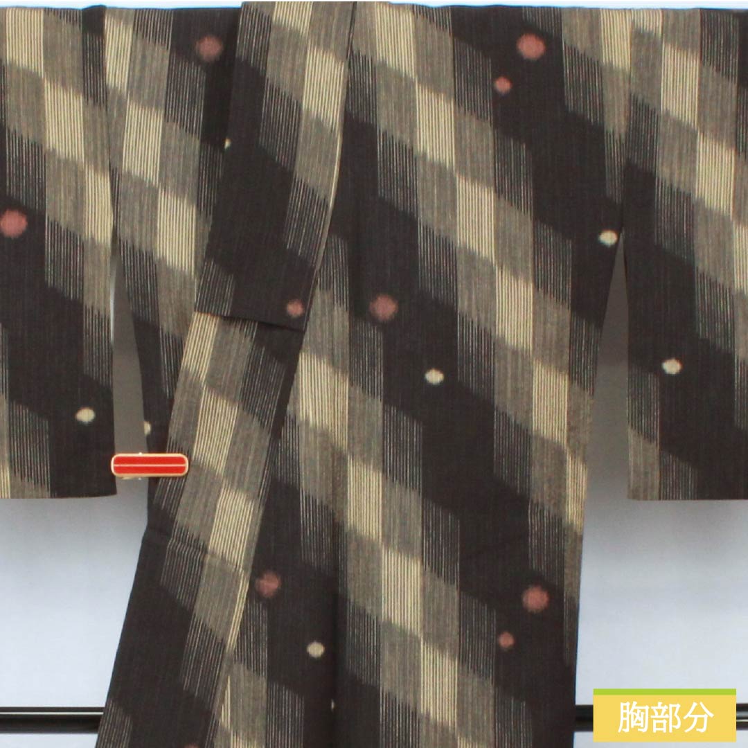 小紋 ポリエステル 身丈166.5cm 裄丈69cm 袷 網代 水玉 洗える着物 Sランク 黒系 1115005862510