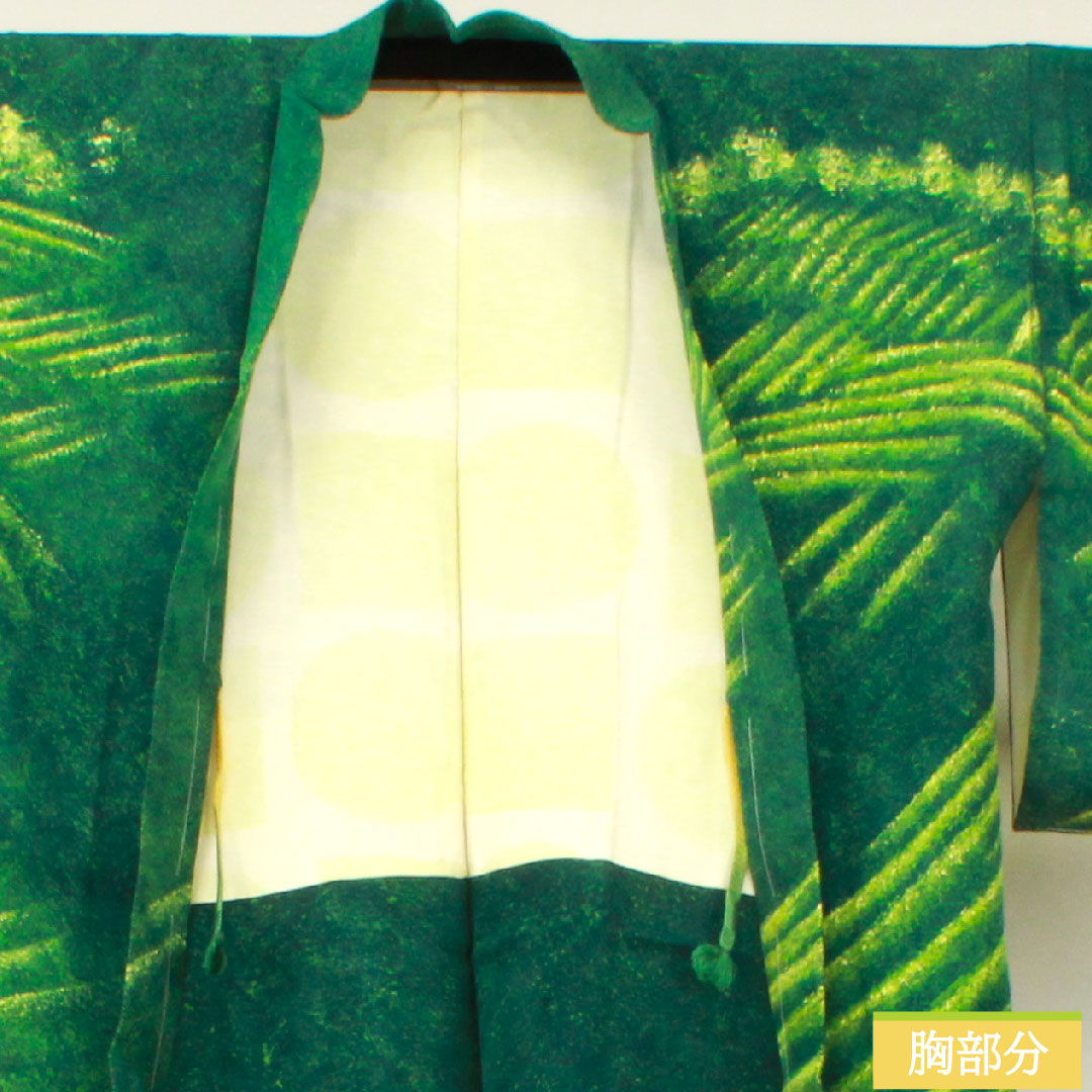 Haori (Japanese traditional coat) made of pure silk, length 83.5cm, sleeve length 67cm, iridescent color, wax-resist dyeing, abstract pattern, with basting thread, S rank, lined, green, 1117001042919