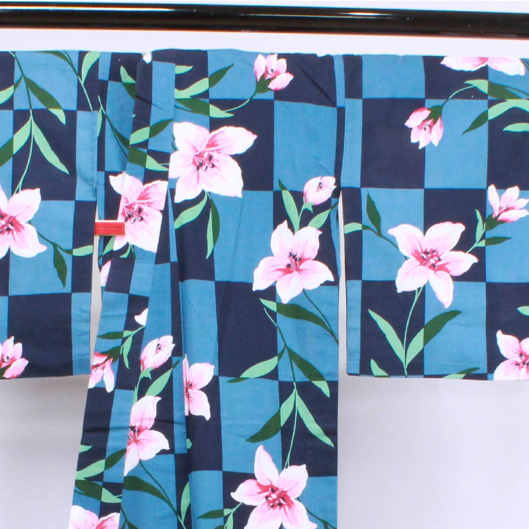 Yukata, dark blue, imitation saffron, checkered pattern, cotton, S rank, single layer, length 161cm, sleeve length 65.5cm, navy blue, 1118004112418