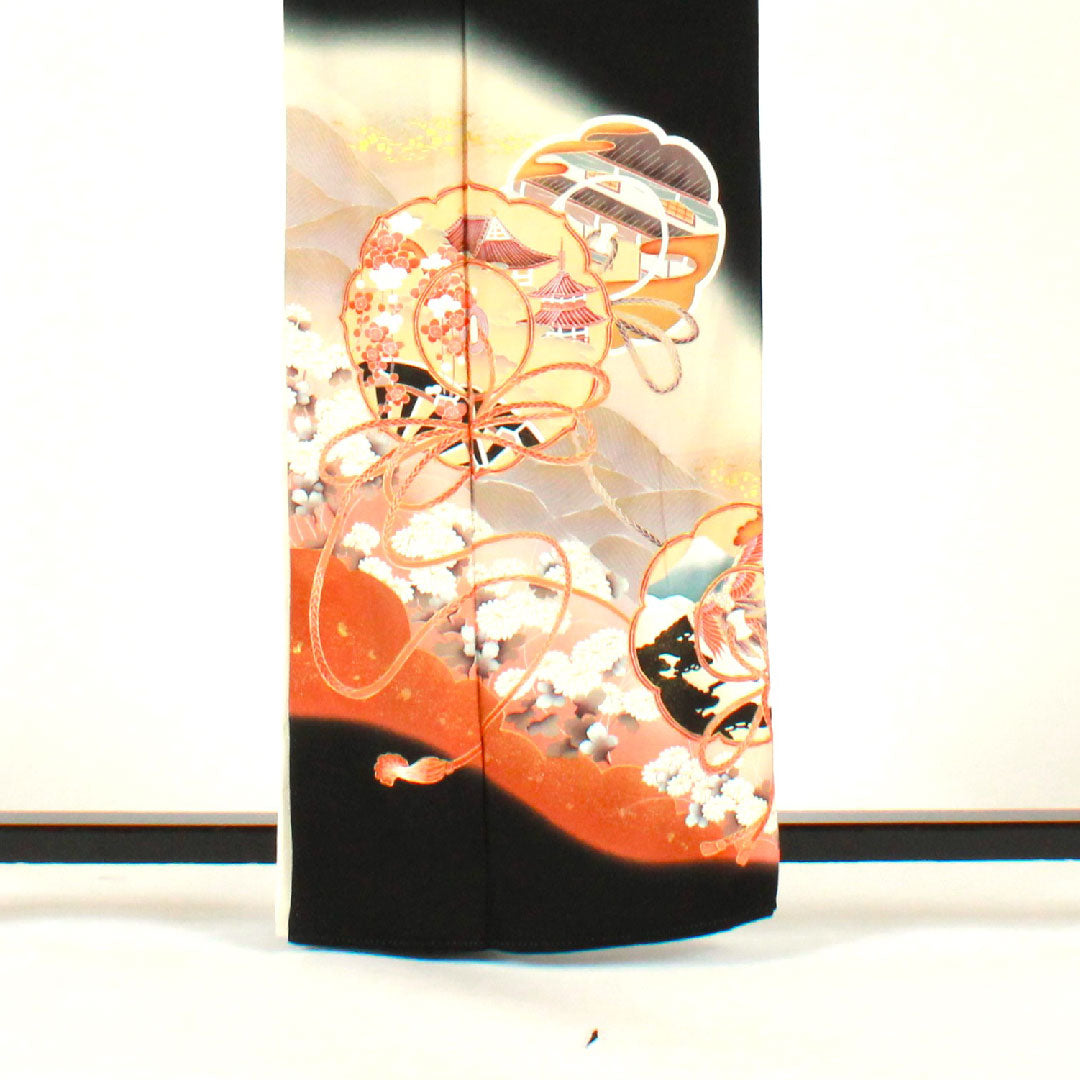 黒留袖 身丈161cm 裄丈64cm 袷 京友禅 吉祥文様 丸に橘 正絹 Aランク 五つ紋 黒系 1111000373410