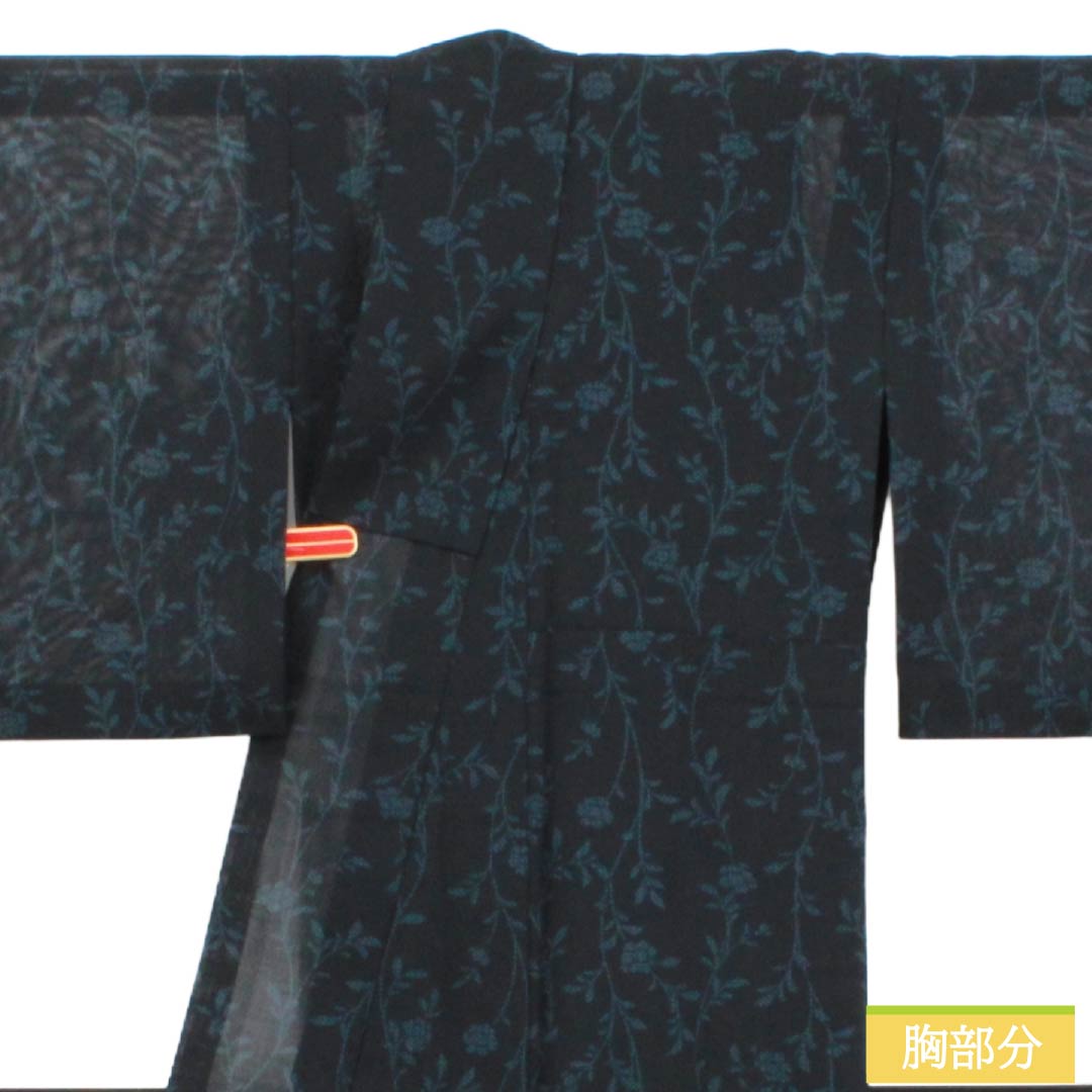 夏物 正絹 小紋 Sランク 身丈155.5cm 裄丈63.5cm 濃紺色（のうこんいろ） 草花模様 紗 紺系 1132004532318