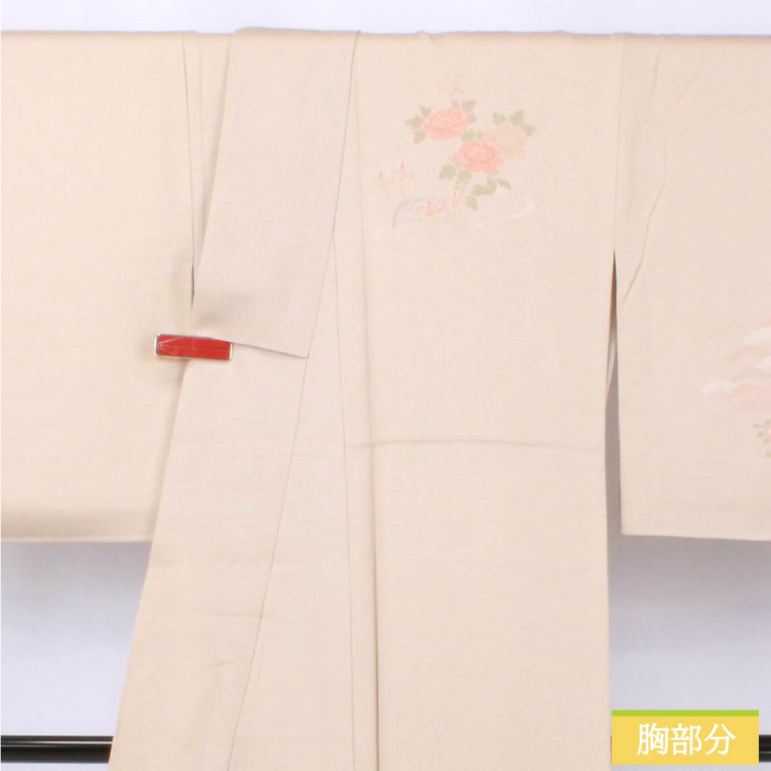 訪問着 正絹 Sランク 袷 身丈159cm 裄丈68cm 翁茶色（おきなちゃいろ） 京友禅 付下げ 蘇州刺繡 花車 扇面 ピンク系 1112006622313