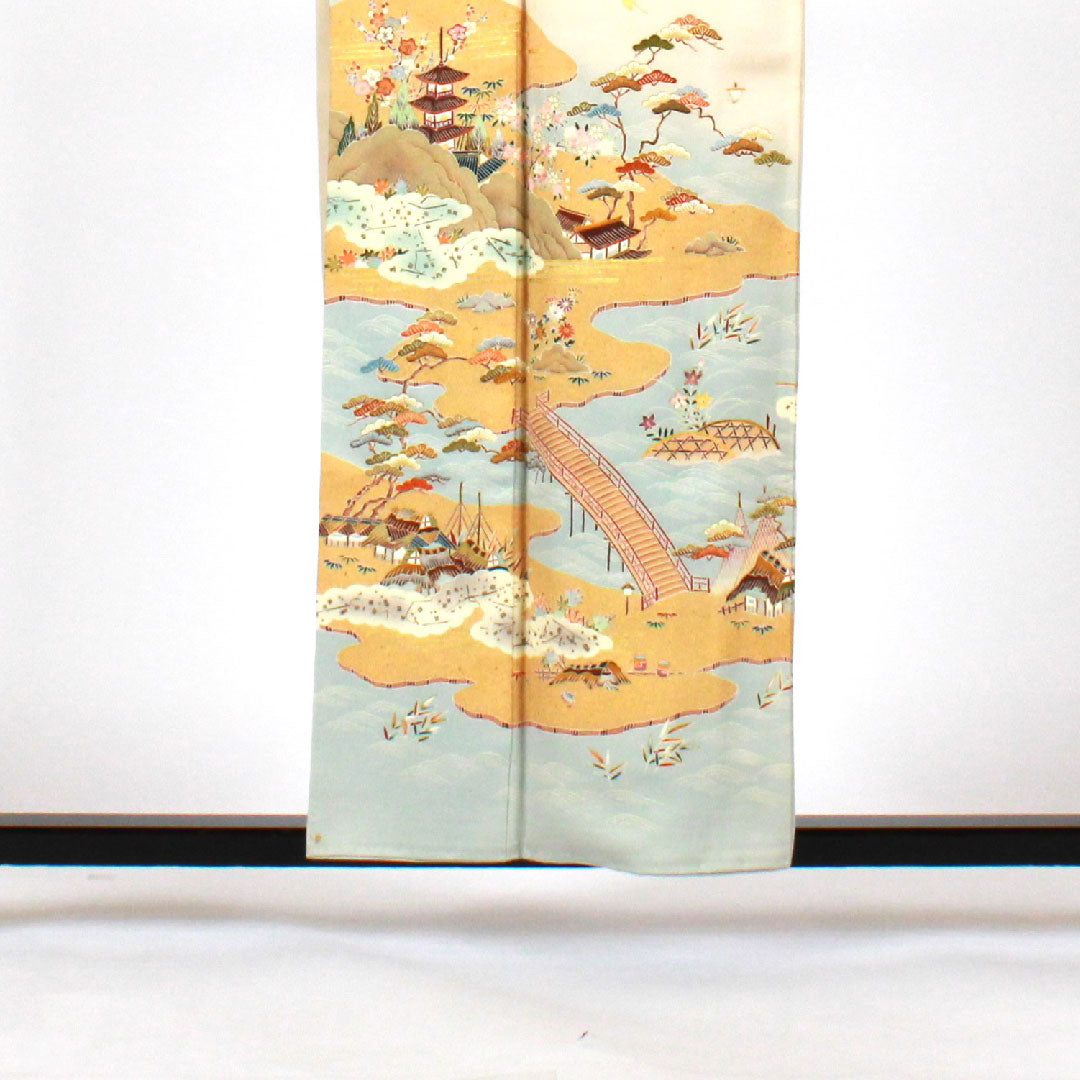 色留袖 身丈157cm 裄丈64cm 袷 東京友禅 正絹 Bランク 三つ紋 クリーム系 1111000284315