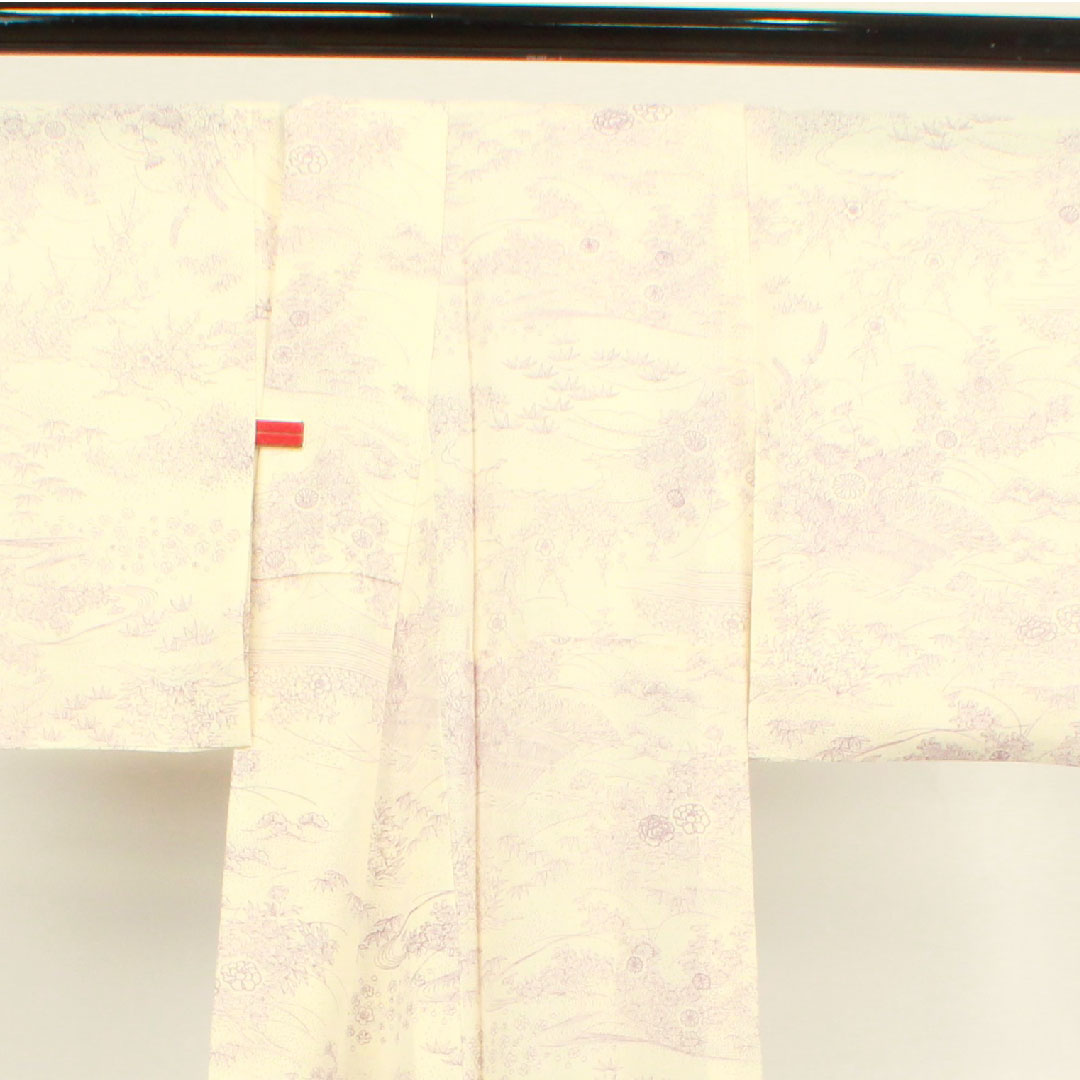 夏物 正絹 小紋 身丈154.5cm 裄丈63.5cm 乳白色（にゅうはくしょく） 松竹梅 菊 流水 絽 Sランク 白系 1132000642211