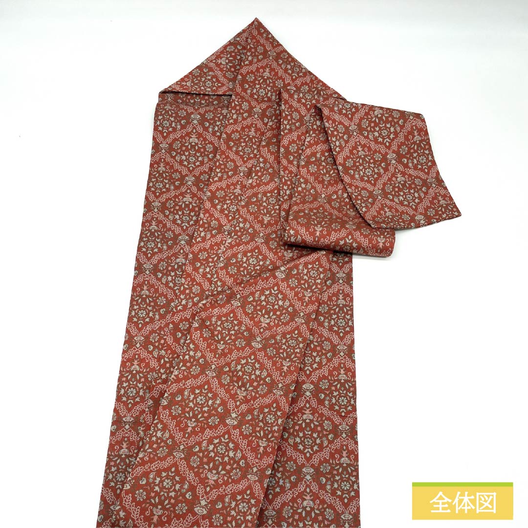 名古屋帯 正絹 Sランク 紅柿色（べにかきいろ） 紹巴織 更紗文様 帯丈330cm 全通 カジュアル 橙系 1124009362326 名古屋仕立て
