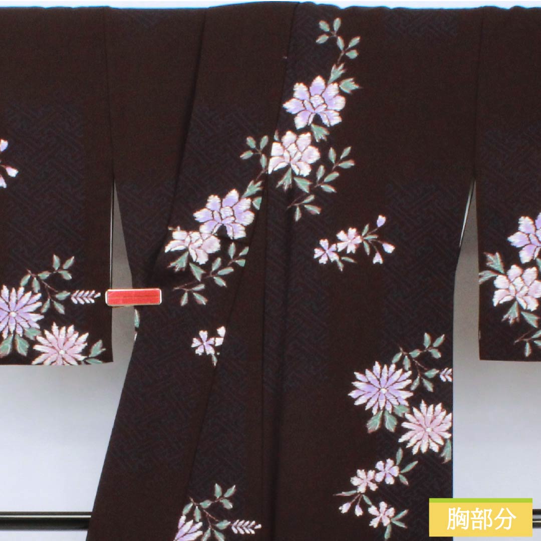 小紋 ポリエステル 身丈168.5cm 裄丈65cm 袷 紗綾形 花 洗える着物 Sランク 黒系 1115005952510