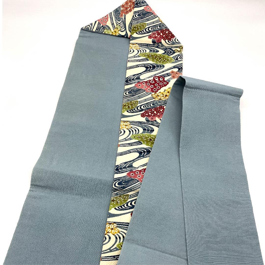 名古屋帯 生成り色 京紅型 観世流水 花模様 帯丈338cm 正絹 Bランク 六通 カジュアル 白系 1124003734311  名古屋仕立て