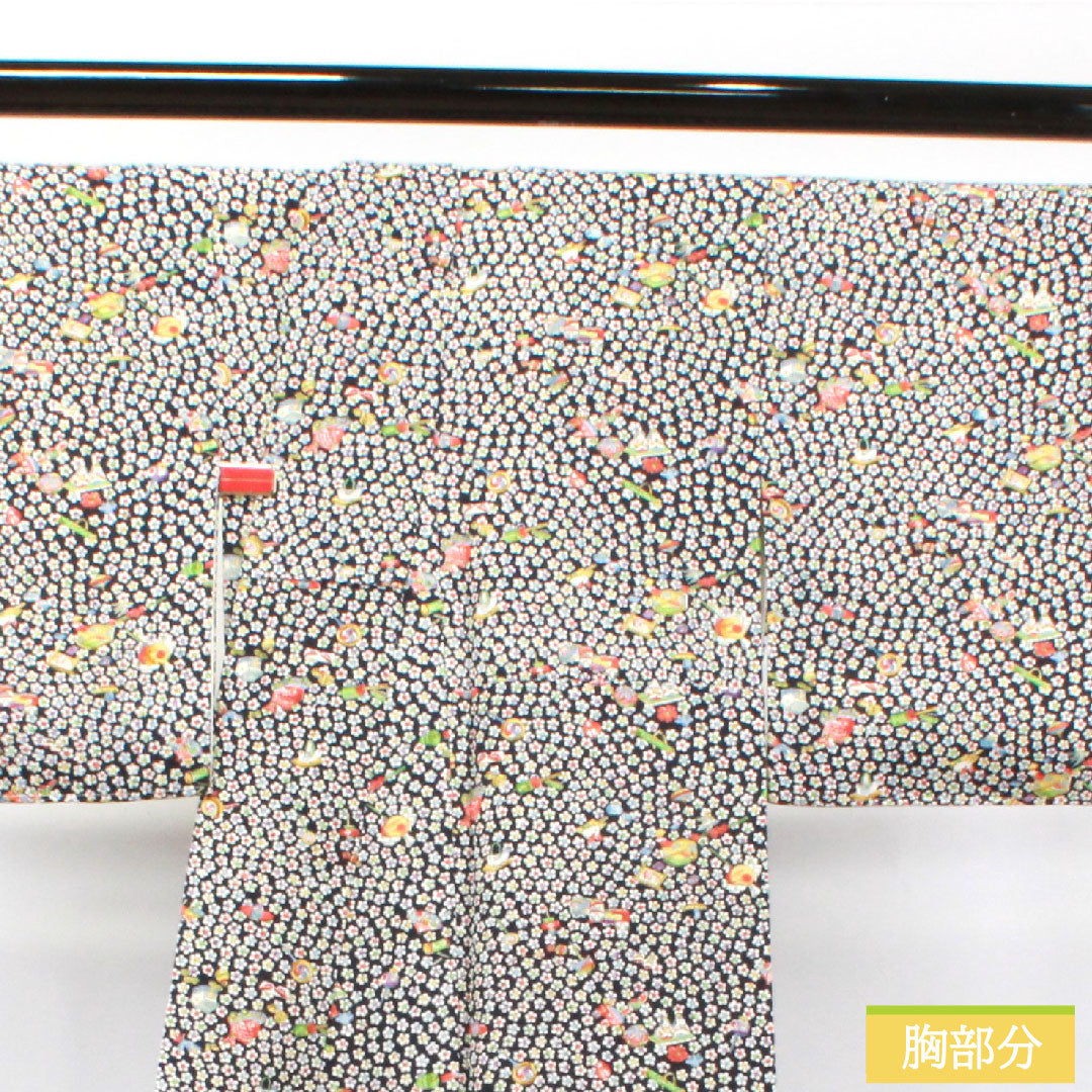 小紋 正絹 身丈152cm 裄丈60.5cm 袷  吉祥文様 しつけ糸付き 未使用品  Sランク 黒系 1115003822210