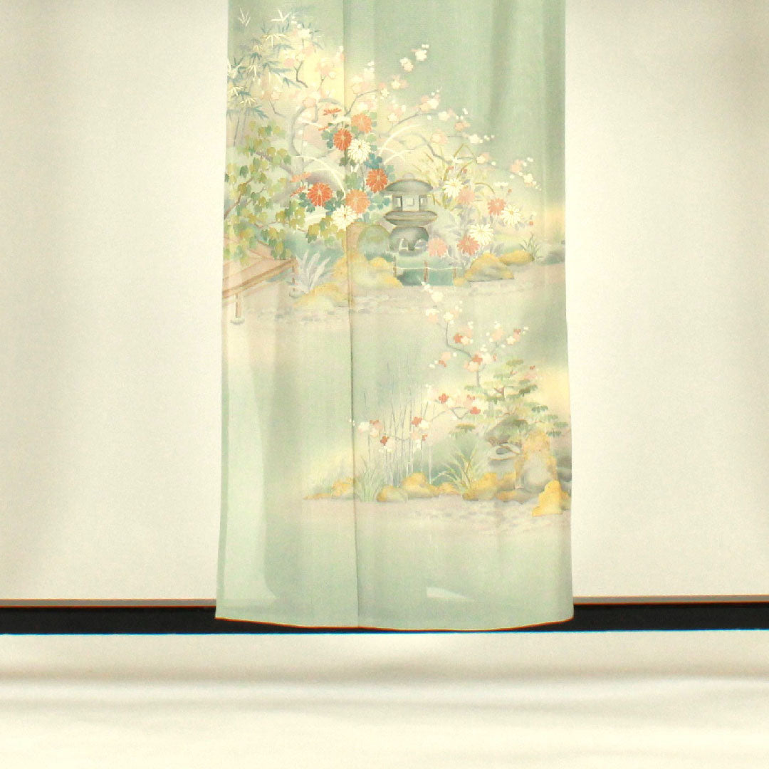色留袖 身丈156.5cm 裄丈64cm 紗 庭園風景 作家物 正絹 Aランク 一つ紋 緑系 1111000153319