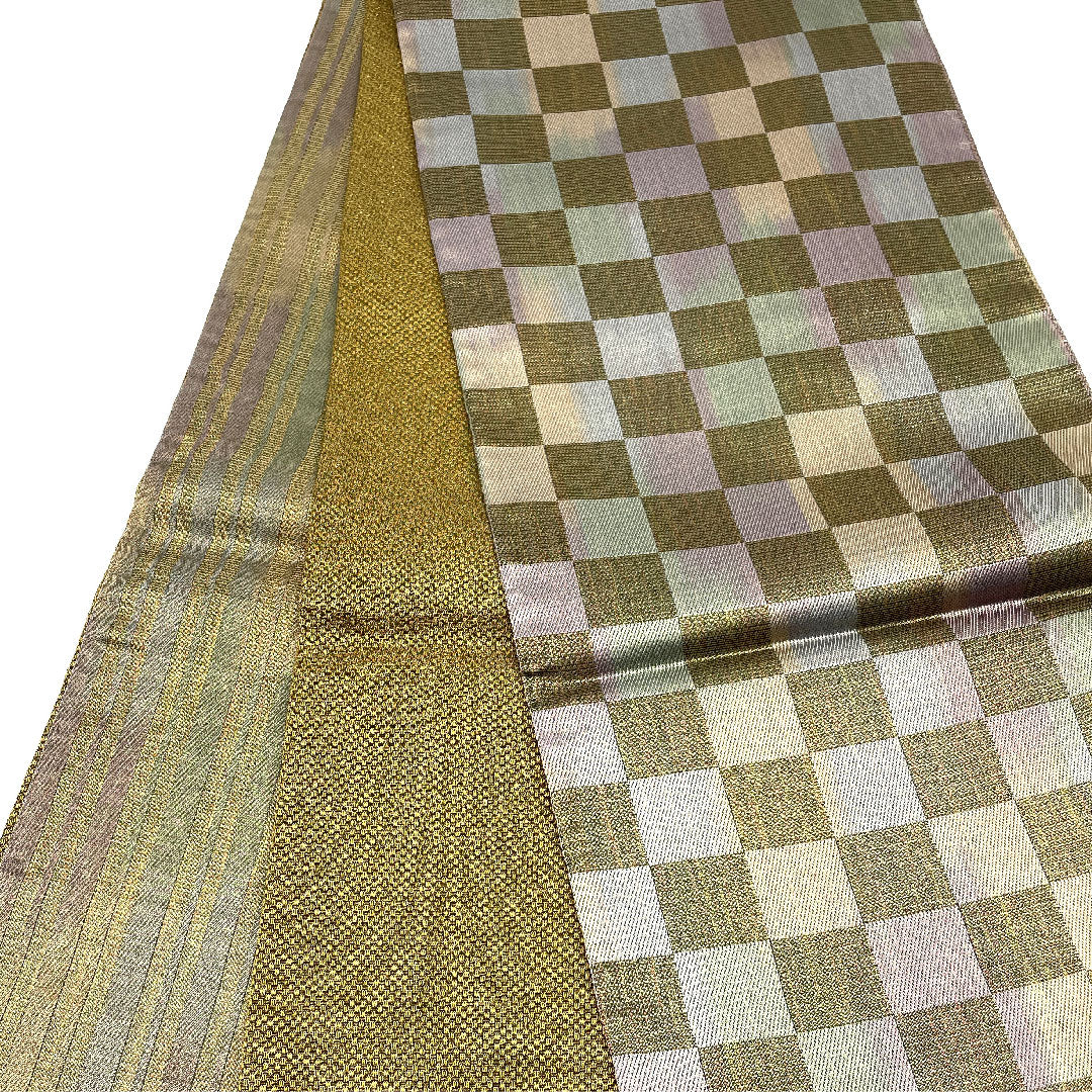 袋帯 全通全景 市松 縞 リバーシブル 帯丈440cm 正絹 Sランク 全通 セミフォーマル グラデーション系 1123003762399