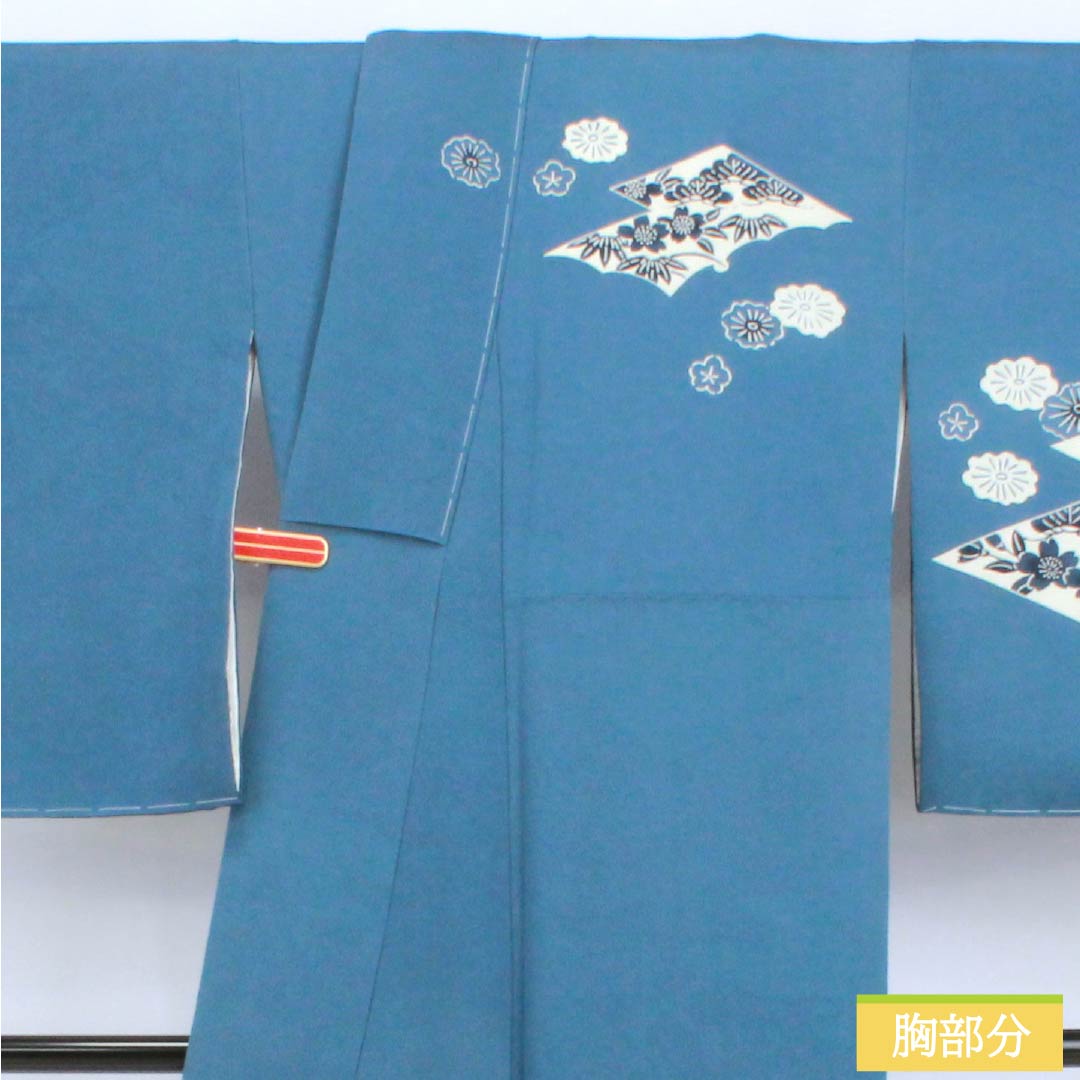 訪問着 正絹 Sランク 袷 身丈166.5cm 裄丈69cm 裏色（うらいろ） 藍型 浜ちりめん 風景模様 しつけ糸付き ソフトガード加工 青系 1112007692517