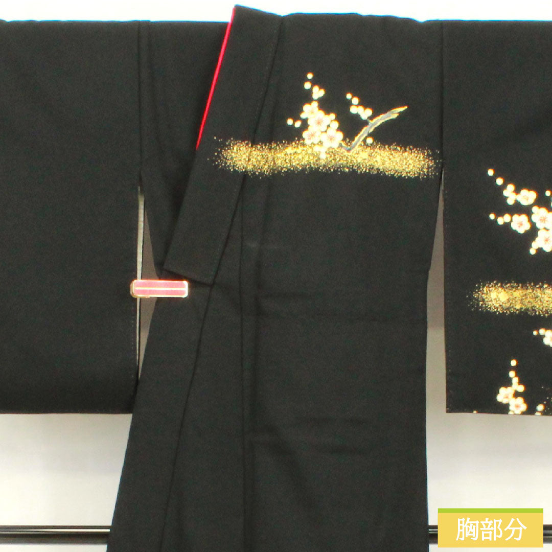 訪問着 ポリエステル 胴抜き 身丈160cm 裄丈64.5cm 洗える着物 梅 重ね衿付き Aランク 黒系 1112005653410