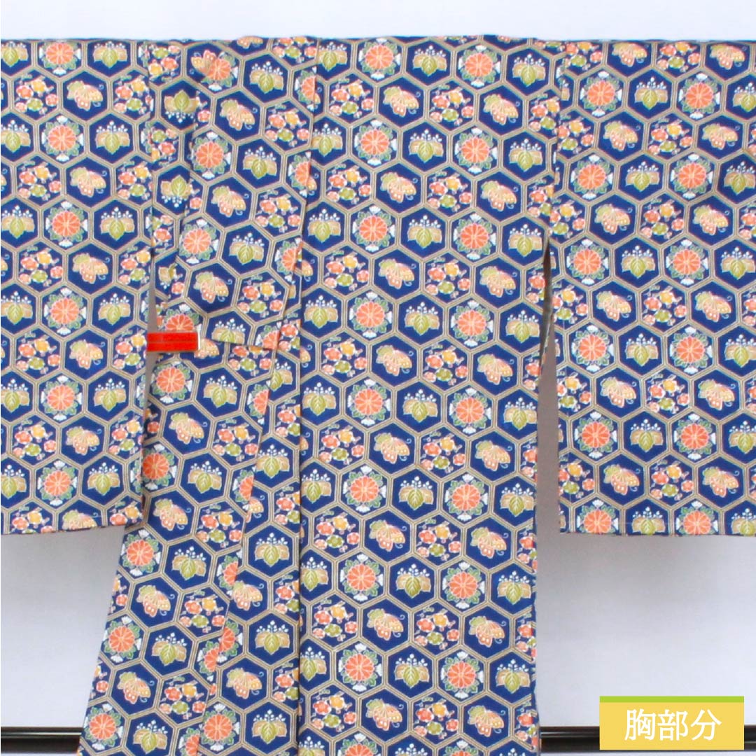 小紋 ポリエステル Sランク 身丈163cm 裄丈64.5cm 袷 紺瑠璃色（こんるりいろ） 亀甲 小花 梅 蝶 紺系 1115007302418