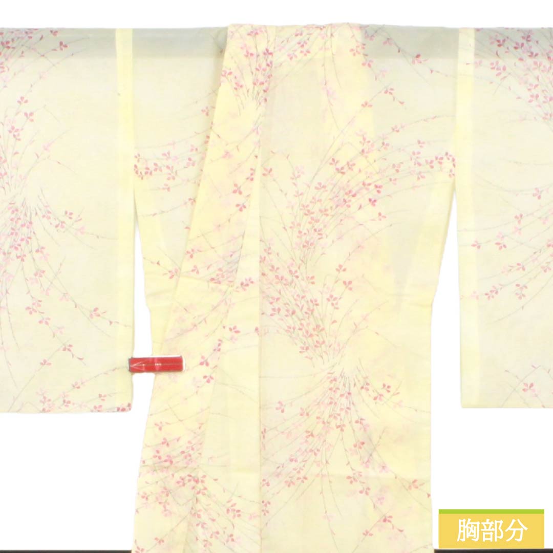 夏物 ポリエステル 小紋 Sランク 身丈151.5cm 裄丈66.5cm 白百合色（しらゆりいろ） 草花模様 居敷当て付き 絽 黄系 1132004492223